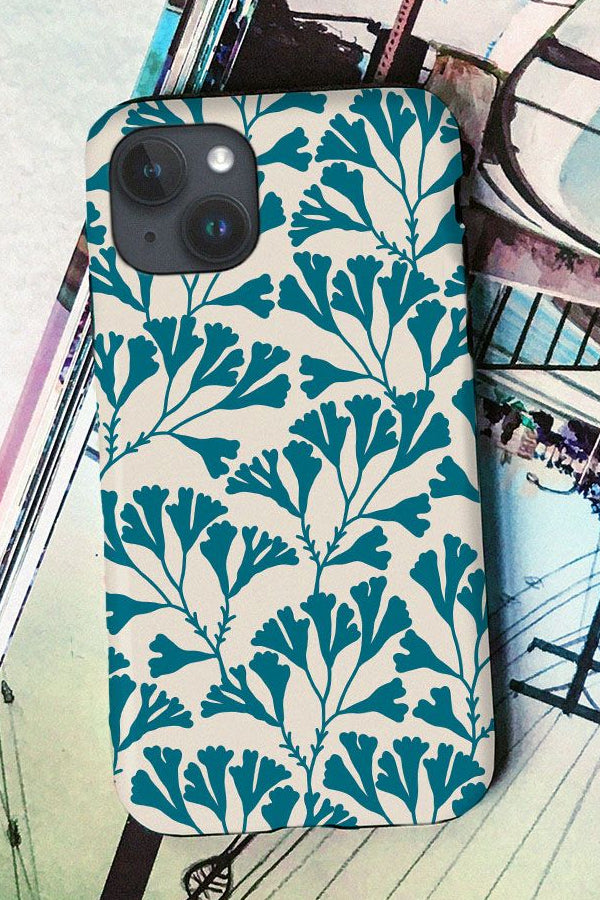Phone case with a blue seaweed pattern
