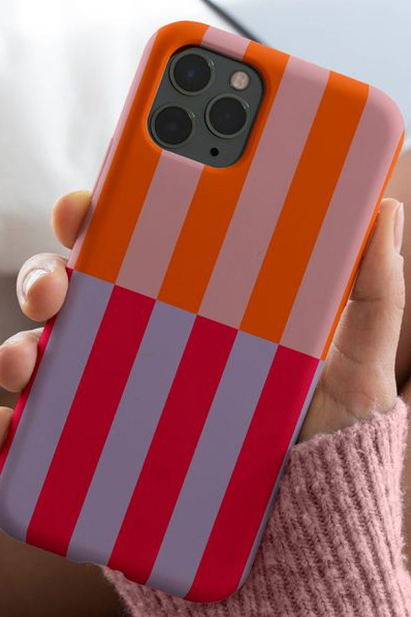 Phone case with colour blocking stripes in pink, orange, lilac and red