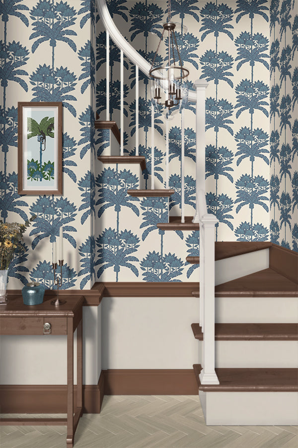 Staircase with decorative blue and white floral wallpaper