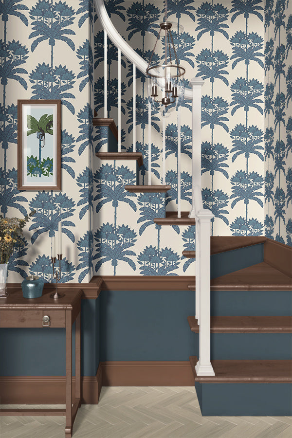 Staircase with decorative blue and white floral wallpaper