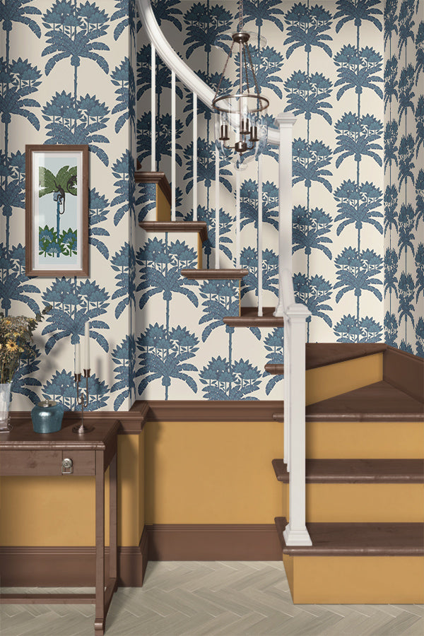 Staircase with decorative blue and white floral wallpaper