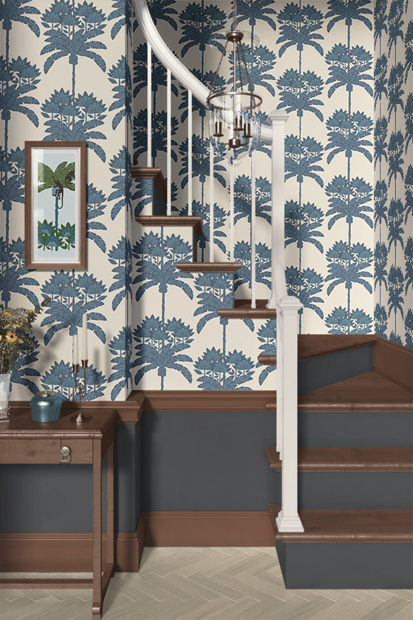 Staircase with decorative blue and white floral wallpaper