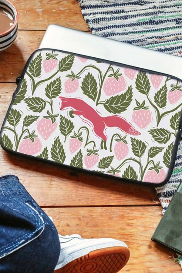 Laptop Sleeve with a strawberry pattern with a fox in the middle