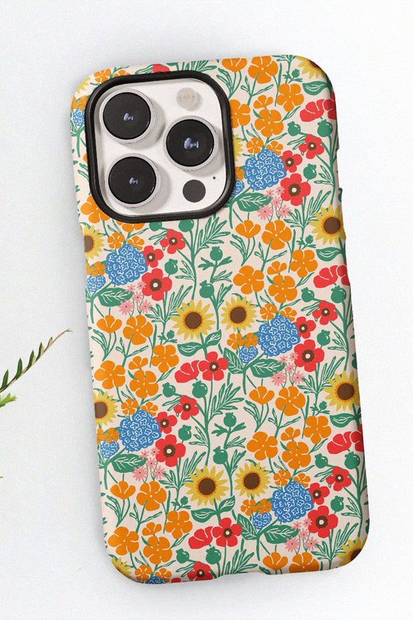 Phone case with a colorful floral pattern on a white background