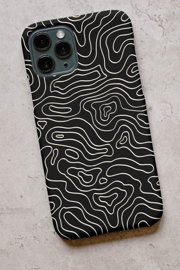 Black phone case with a white wavy line pattern 