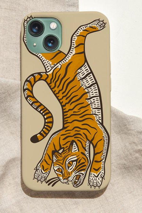 Phone case with a full tiger illustration with a beige background