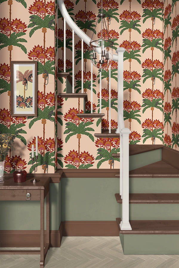 Staircase with decorative wallpaper featuring palm trees and flowers.