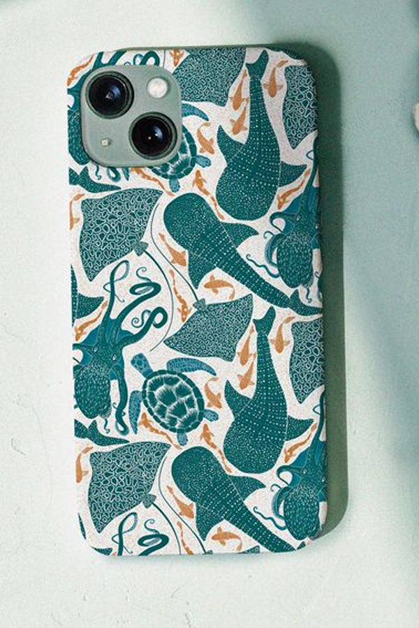 Phone case with an ocean animal design in blue