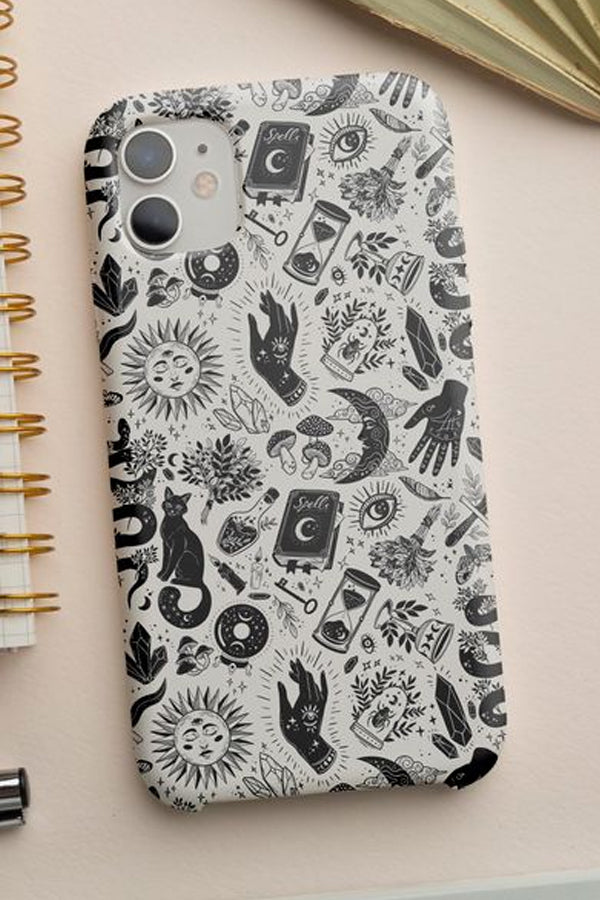 Phone case with a witch themed pattern on a white background
