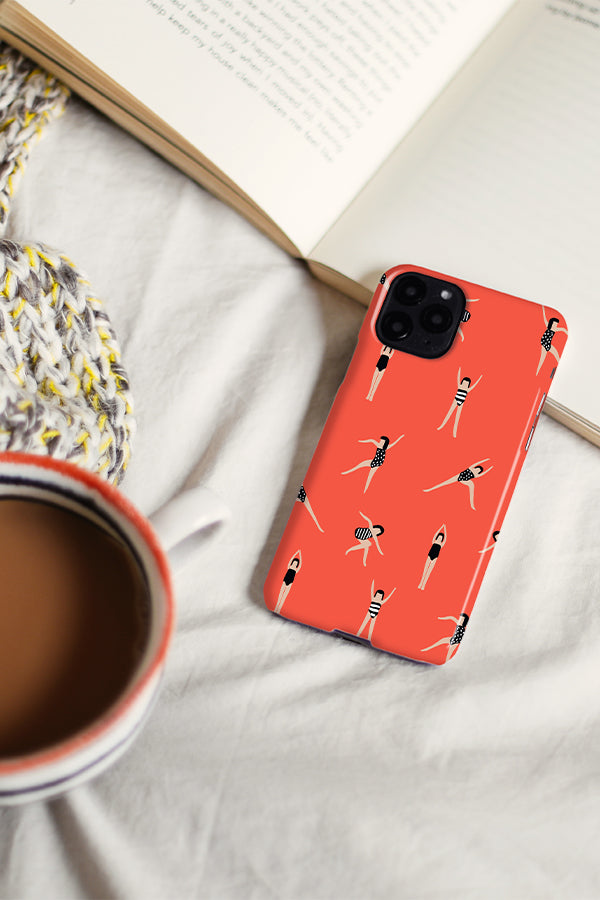 Phone case with an orange print with yoga pose illustrations