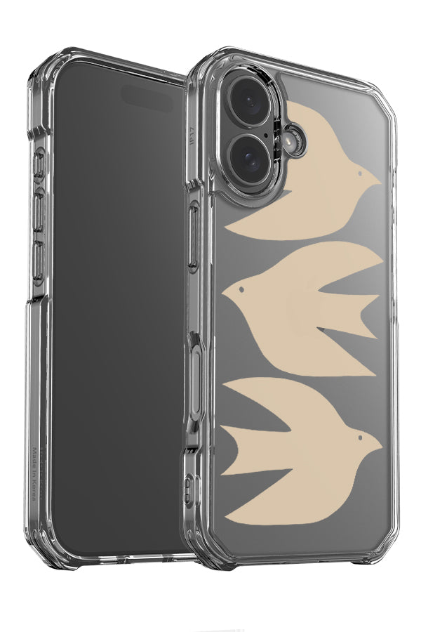 Abstract bird clear phone case angle detail with three beige stacked bird illustrations