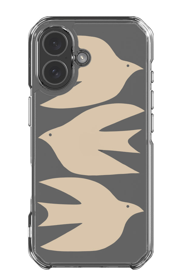 Abstract bird clear phone case with three beige stacked bird illustrations