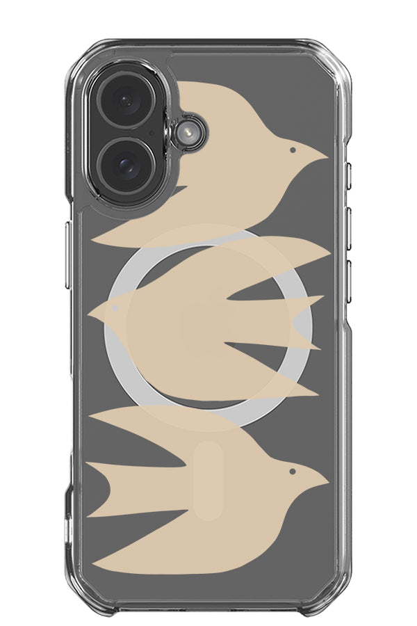 Abstract bird clear MagSafe phone case with three beige stacked bird illustrations