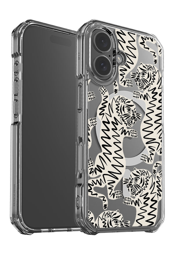 Abstract tiger clear impact MagSafe phone case angle detail with white tiger illustrations