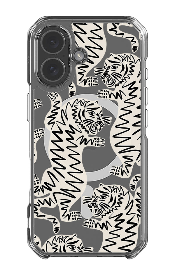 Abstract tiger clear impact MagSafe phone case with white tiger illustrations