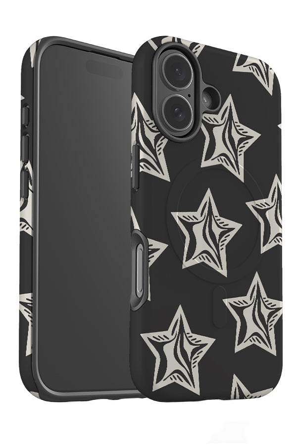 balloon star MagSafe phone case angle detail with white y2k style stars on a black background