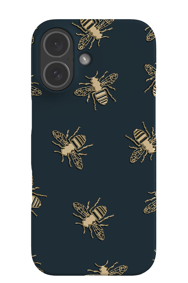 bees lux snap phone case with a dark green base colour and golden bees