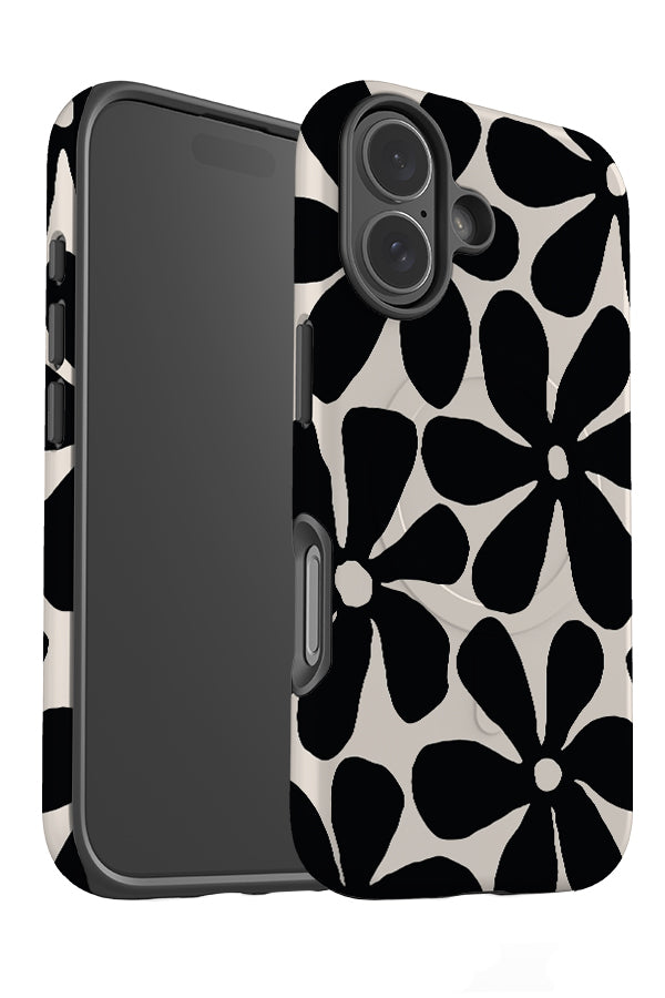 block flora daisy MagSafe phone case angle detail with black hand drawn daisies on a white background