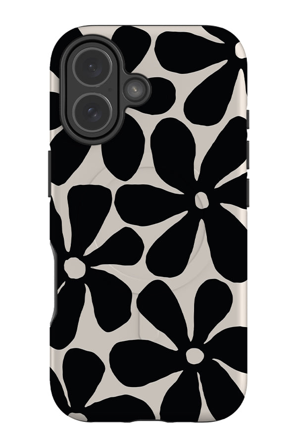 block flora daisy MagSafe phone case with black hand drawn daisies on a white background