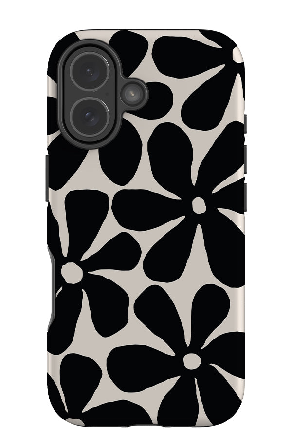 block flora daisy tough phone case with black hand drawn daisies on a beige background