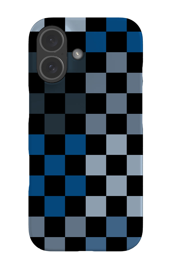 Bold check snap phone case with a checkered pattern in various shades of blue and black