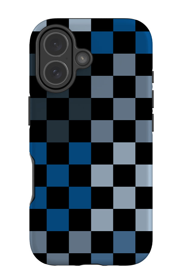 Bold check tough phone case with a checkered pattern in various shades of blue and black