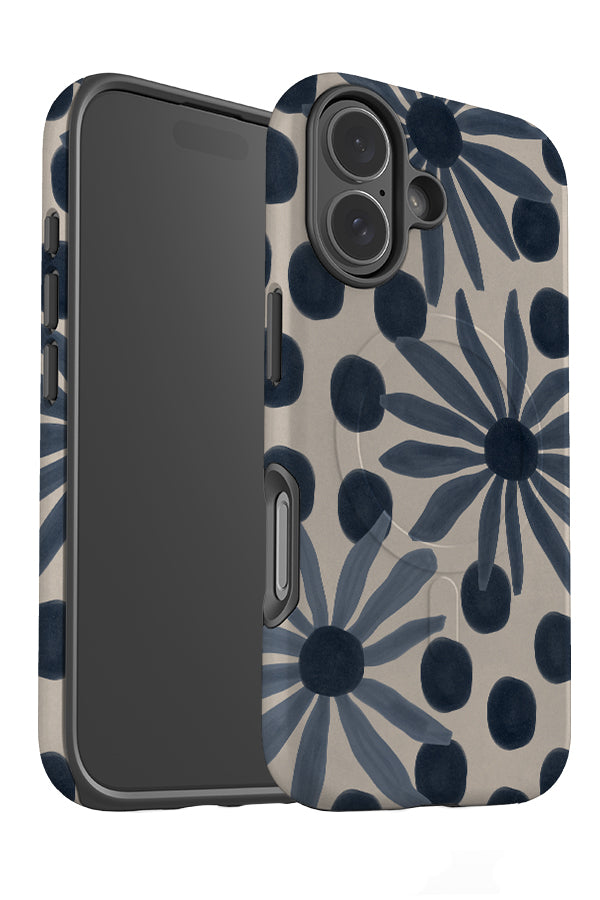 Bold daisy dot MagSafe phone case angle detail with blue large flower illustrations and polka dots