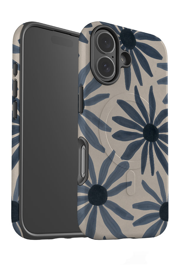 bold daisy MagSafe phone case angle detail with large, blue hand painted flowers