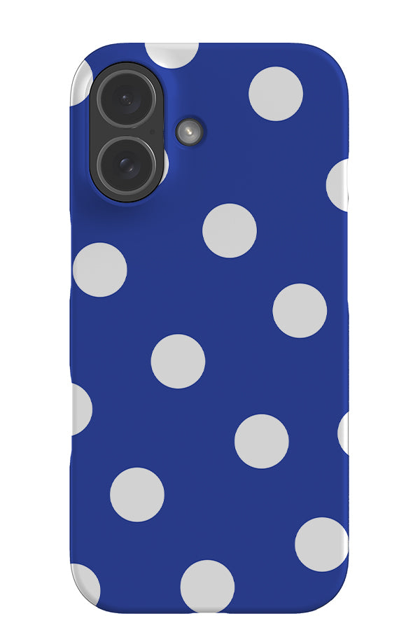 bold dots snap phone case with a blue base colour and white scattered polka dots