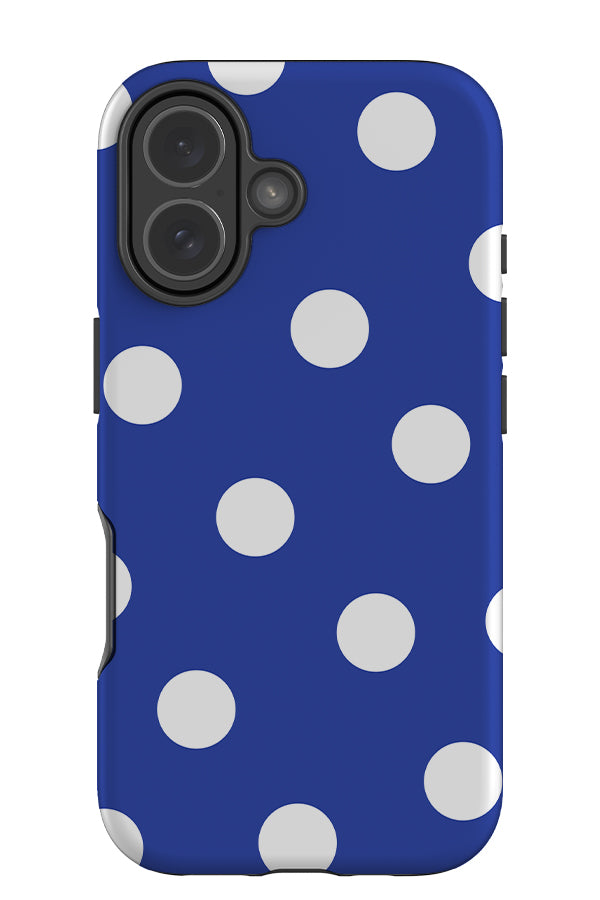 bold dots tough phone case with a blue base colour and white scattered polka dots