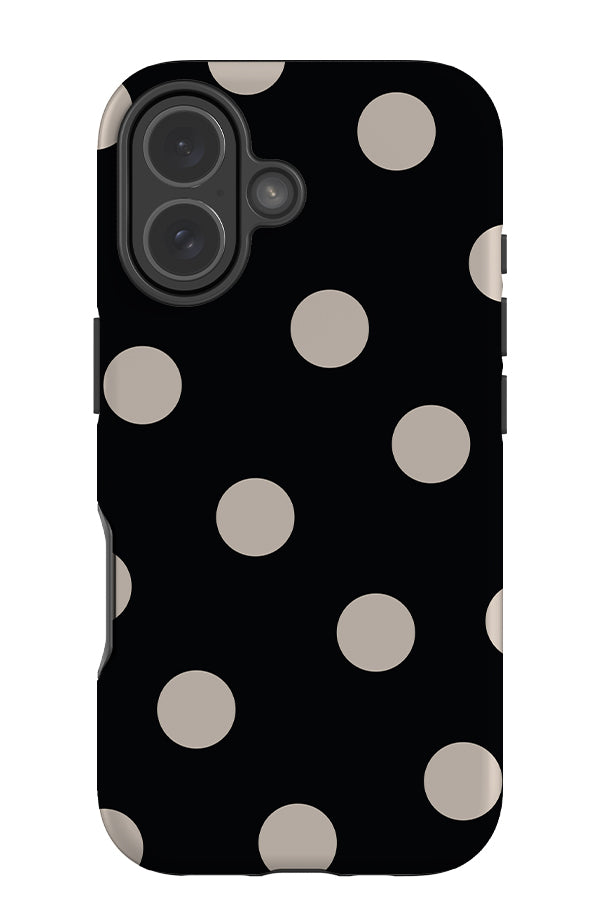 bold dots tough phone case with a black base colour and beige scattered polka dots