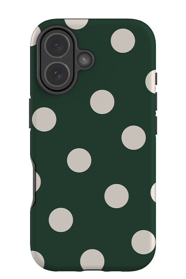 bold dots tough phone case with a green base colour and white scattered polka dots