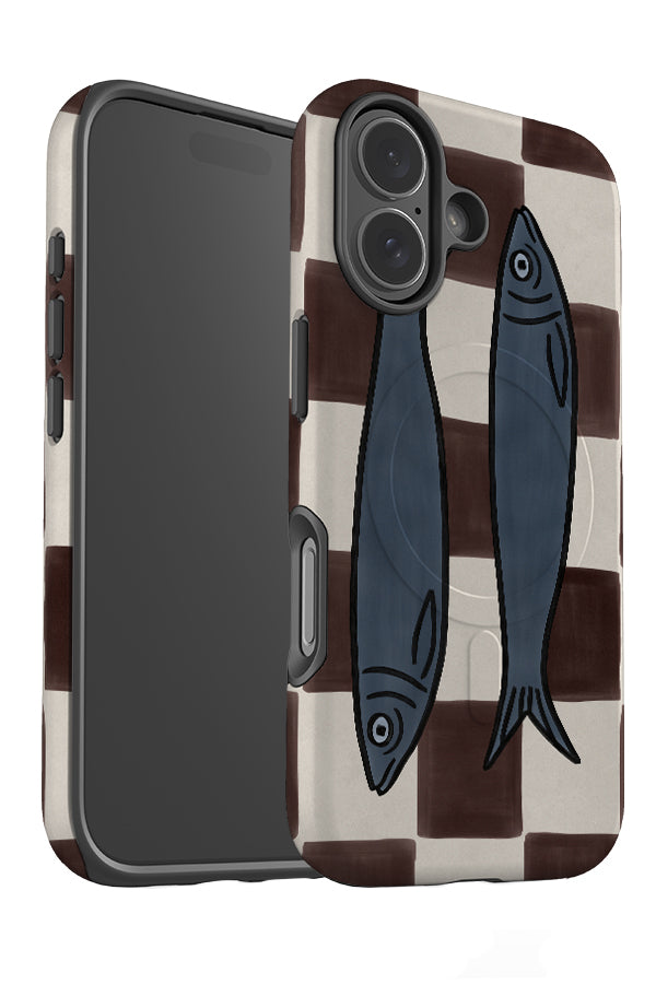 bold fish check MagSafe phone case angle view with a brown and beige checkered background and blue sardine fish illustrations on top