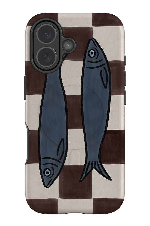 bold fish check MagSafe phone case with a brown and beige checkered background and blue sardine fish illustrations on top