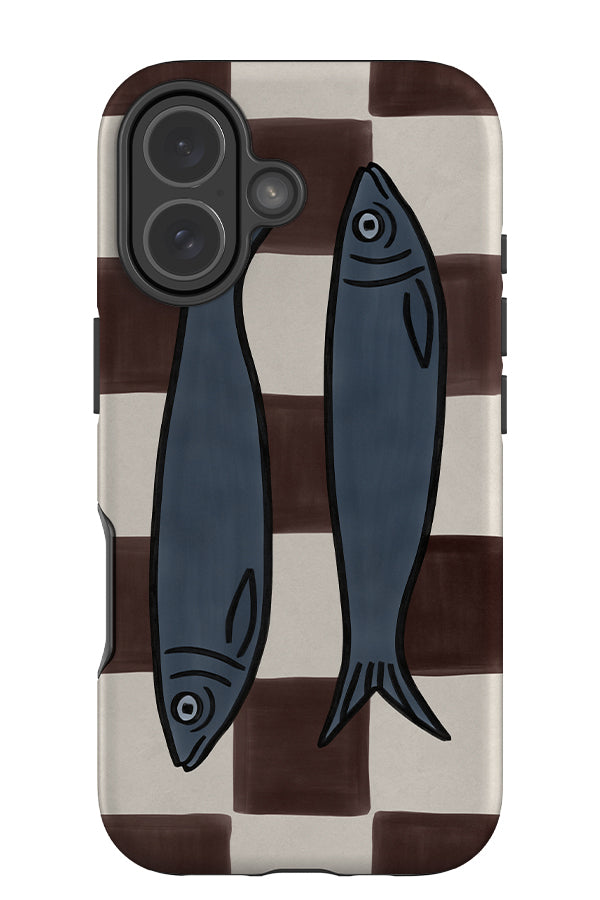 bold fish check tough phone case with a brown and beige checkered background and blue sardine fish illustrations on top