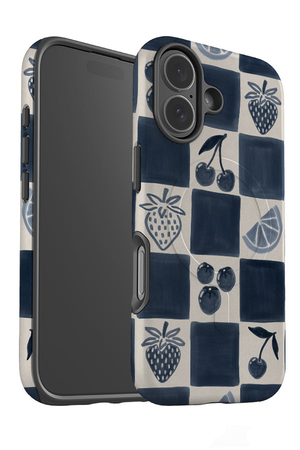bold fruit marker check MagSafe phone case angle detail with a blue and beige check pattern and summer fruit illustrations