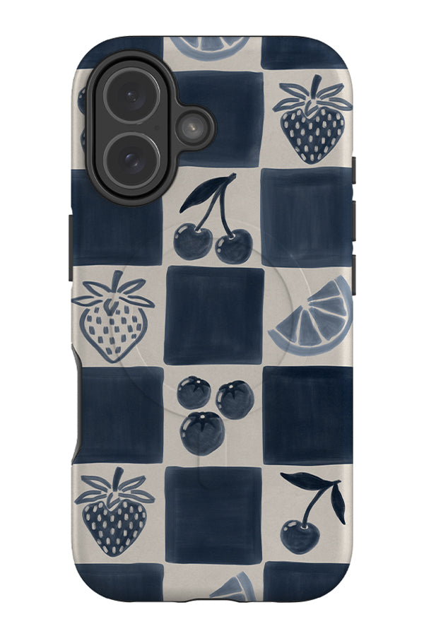 bold fruit marker check MagSafe phone case with a blue and beige check pattern and summer fruit illustrations