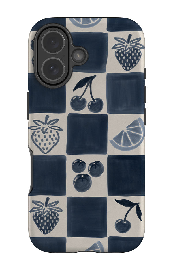 bold fruit marker check tough phone case with a blue and beige check pattern and summer fruit illustrations
