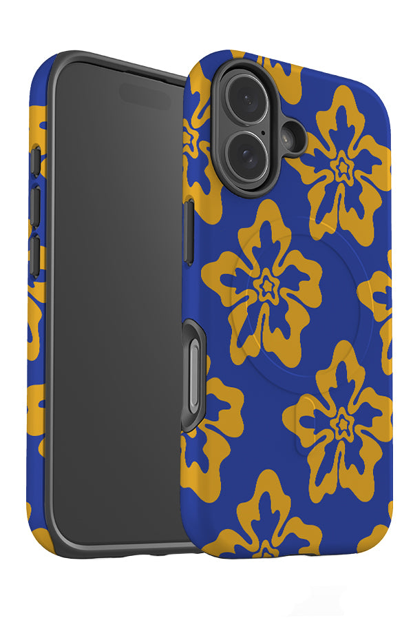 bold hibiscus MagSafe phone case angle detail with yellow hibiscus flowers on a blue background