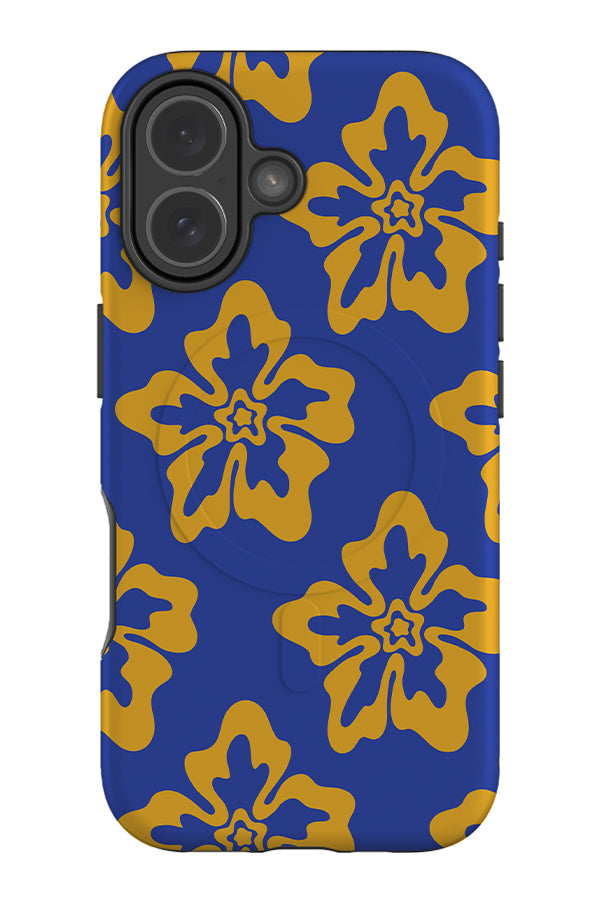 bold hibiscus MagSafe phone case with yellow hibiscus flowers on a blue background