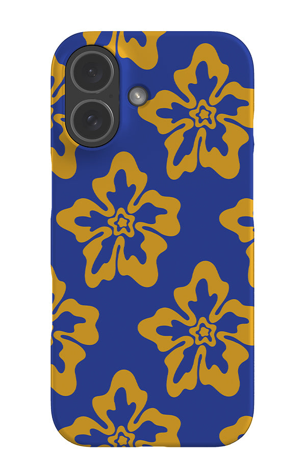 bold hibiscus snap phone case with yellow hibiscus flowers on a blue background