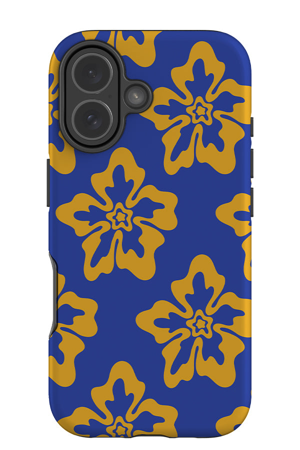 bold hibiscus tough phone case with yellow hibiscus flowers on a blue background
