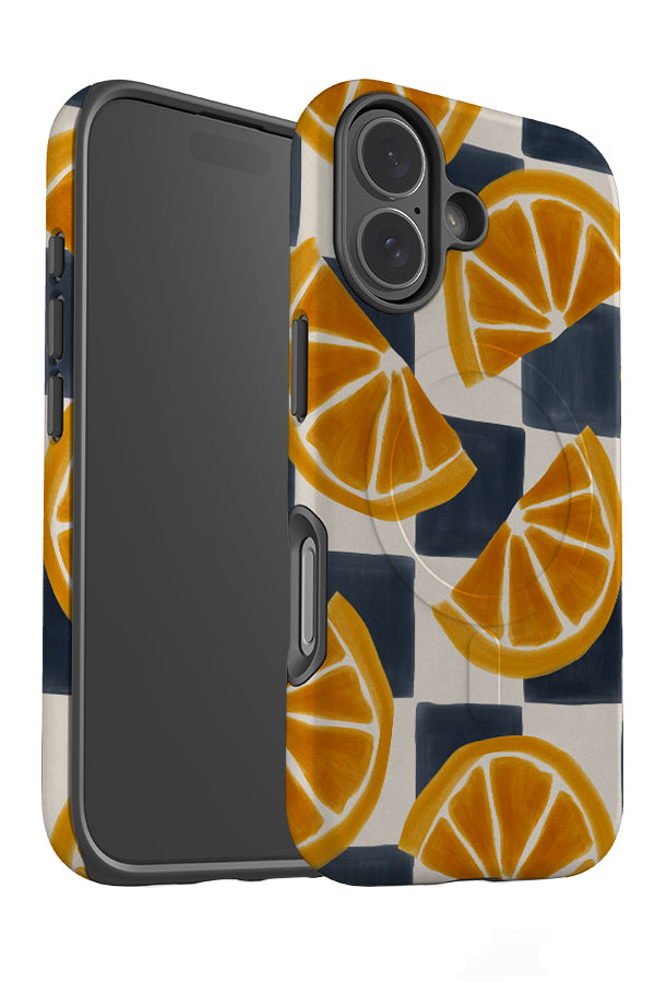 Bold lemon marker check MagSafe phone case angle detail with a blue and beige check background and large lemon illustrations