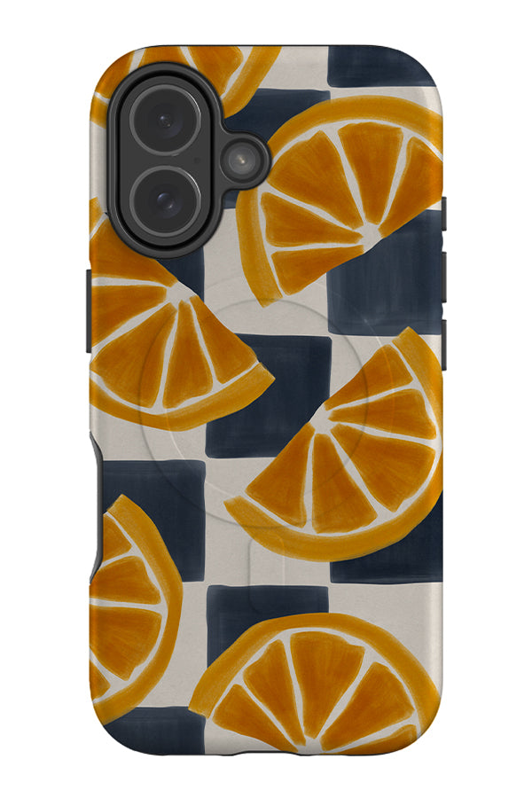 Bold lemon marker check MagSafe phone case with a blue and beige check background and large lemon illustrations