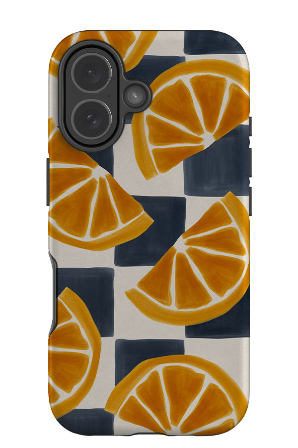 Bold lemon marker check tough phone case with a blue and beige check background and large lemon illustrations