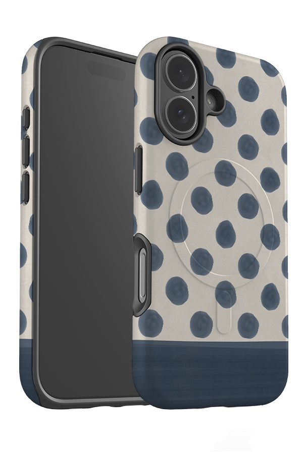 Bold marker dot block MagSafe phone case angle detail with a beige base, blue polka dot and a colour block