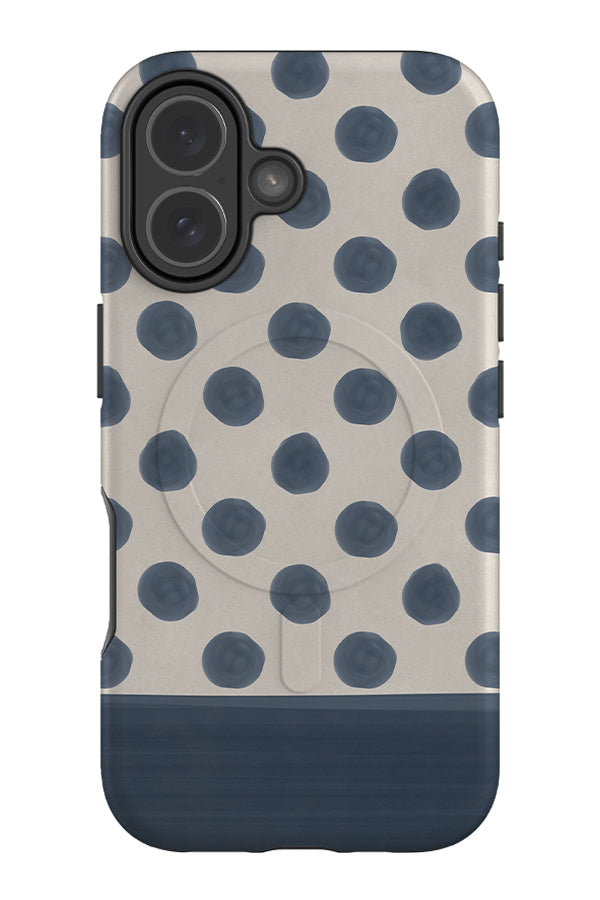 Bold marker dot block MagSafe phone case with a beige base, blue polka dot and a colour block