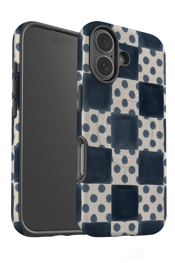 Bold marker dot check MagSafe phone case angle with a blue check and polka dot pattern 