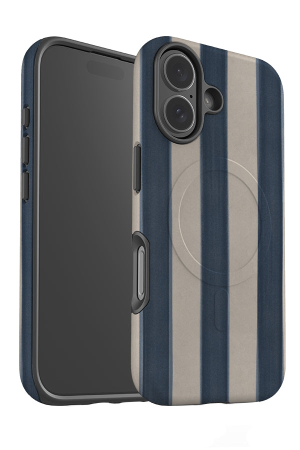 bold marker line MagSafe phone case angled with a linear marker texture beige and blue pattern