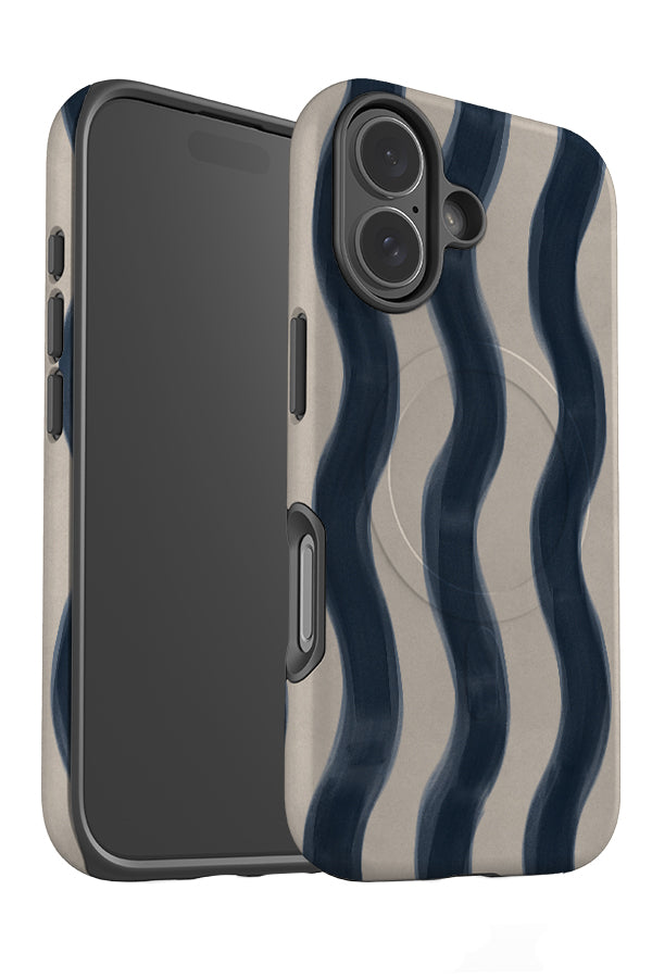 Bold marker wave stripe MagSafe phone case angled with a linear beige and blue wavy pattern